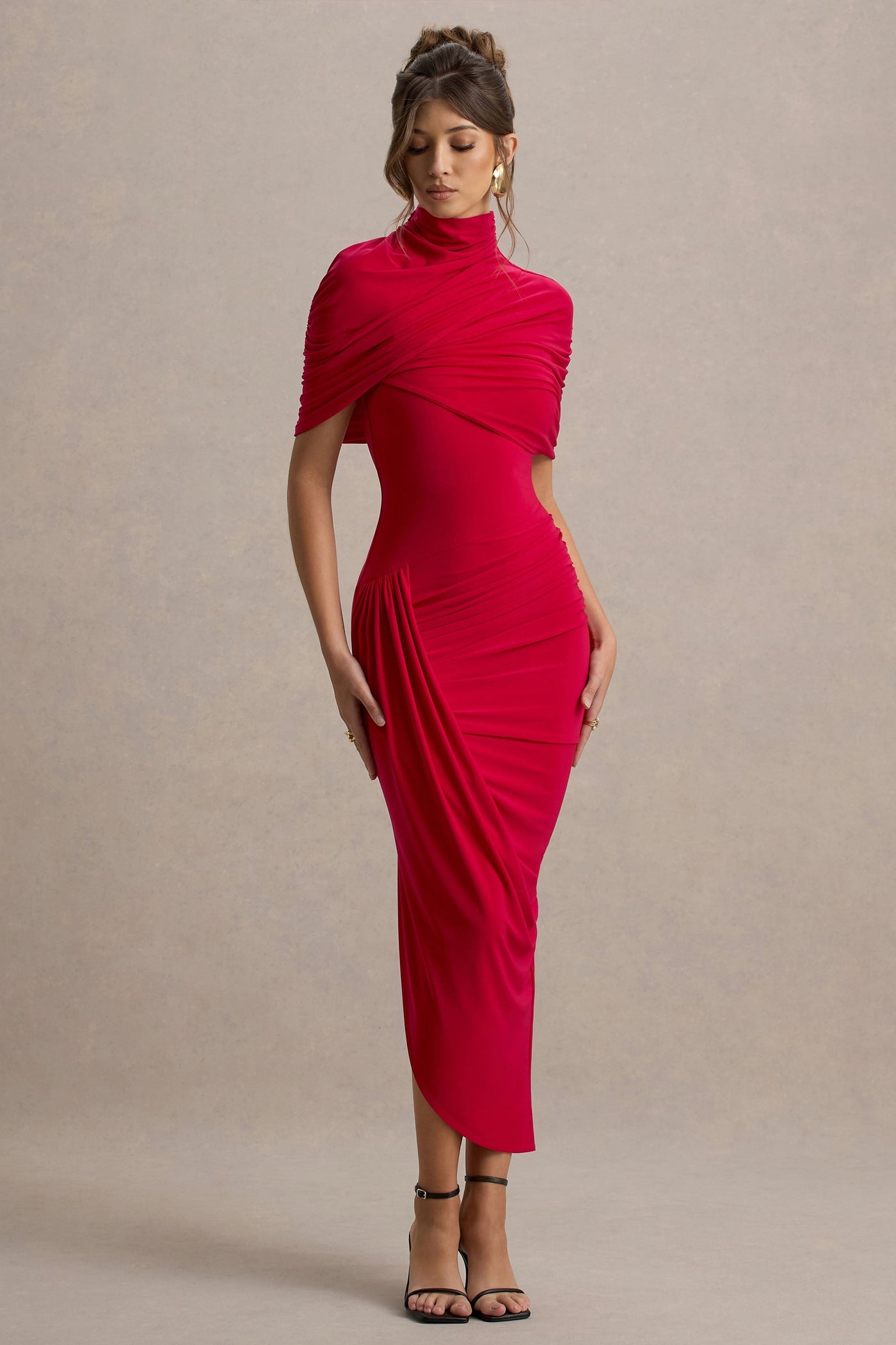 red twisted asymmetric maxi dress Taylor COLOR:Hunter One shoulder neckline Chic Shall Collar Linen Dress,
